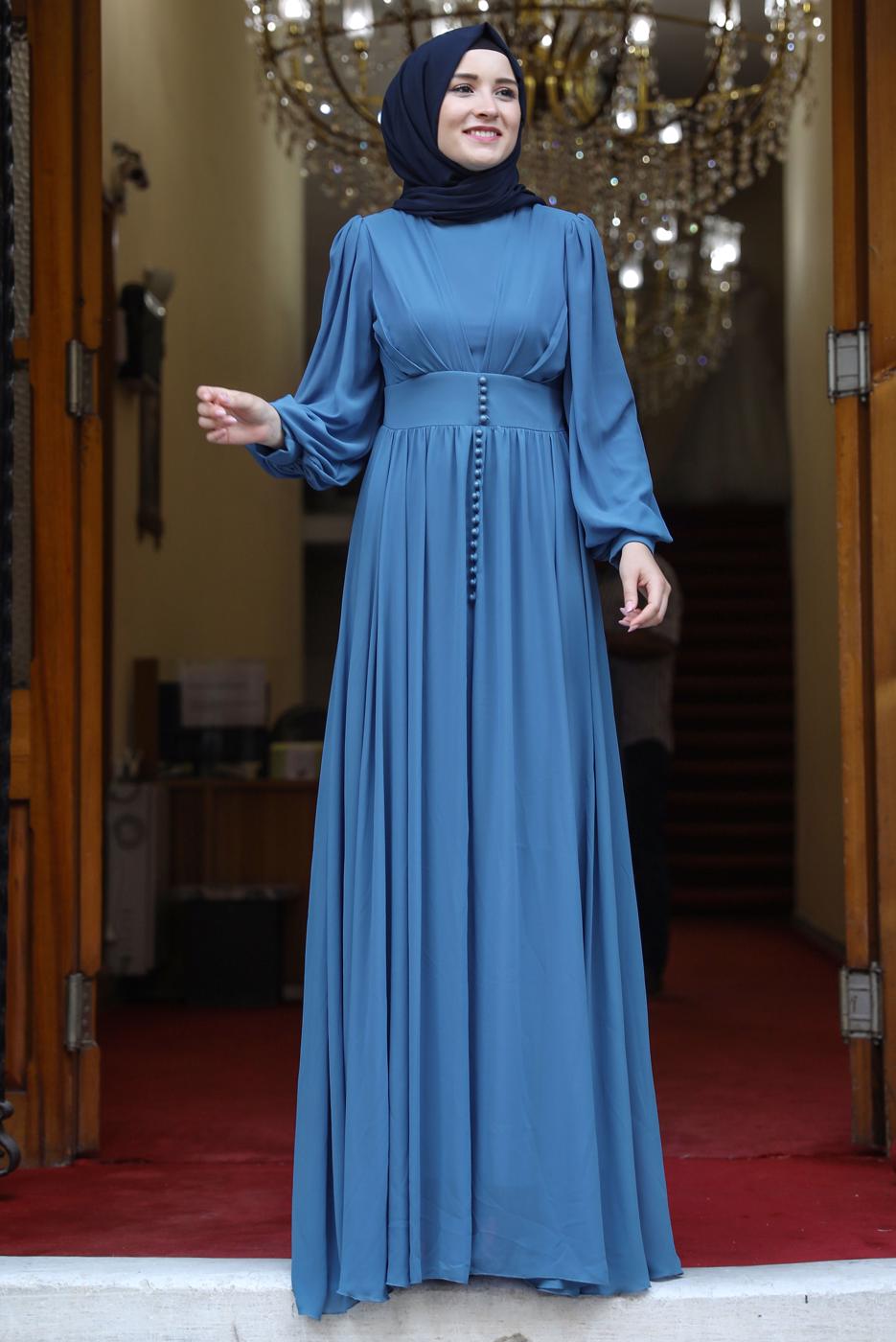 Tesettür giyim LACİVERT BALON KOL DÜĞME DETAYLI ABİYE ELBİSE T 0253