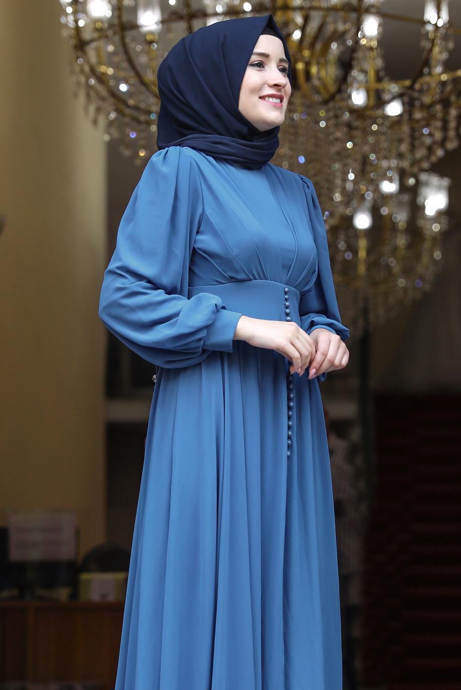 Tesettür giyim LACİVERT BALON KOL DÜĞME DETAYLI ABİYE ELBİSE T 0253