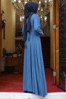 Tesettür giyim LACİVERT BALON KOL DÜĞME DETAYLI ABİYE ELBİSE T 0253