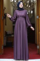 Tesettür giyim PEMBE BALON KOL DÜĞME DETAYLI ABİYE ELBİSE T 0253