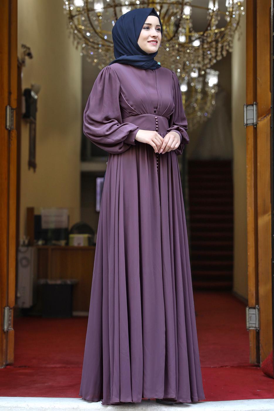 Tesettür giyim PEMBE BALON KOL DÜĞME DETAYLI ABİYE ELBİSE T 0253