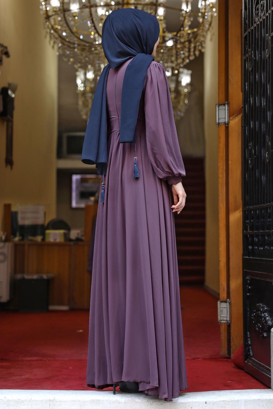 Tesettür giyim PEMBE BALON KOL DÜĞME DETAYLI ABİYE ELBİSE T 0253