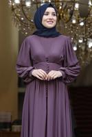 Tesettür giyim PEMBE BALON KOL DÜĞME DETAYLI ABİYE ELBİSE T 0253