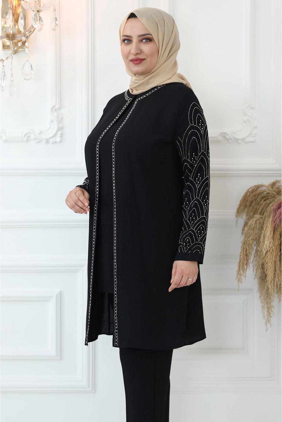 Tesettür giyim SİYAH TAŞ BASKILI PANTOLONLU TAKIM T 0721