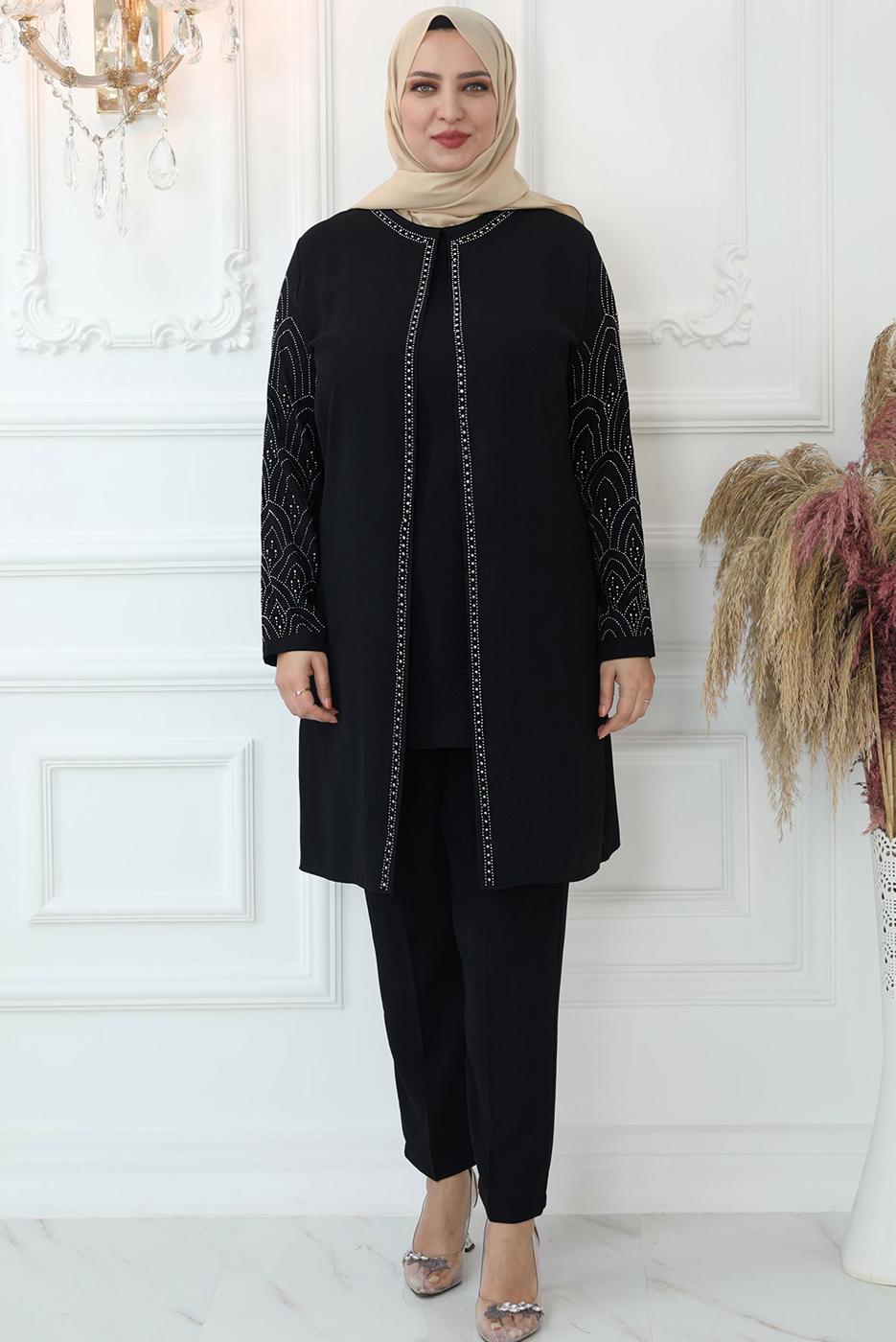 Tesettür giyim SİYAH TAŞ BASKILI PANTOLONLU TAKIM T 0721