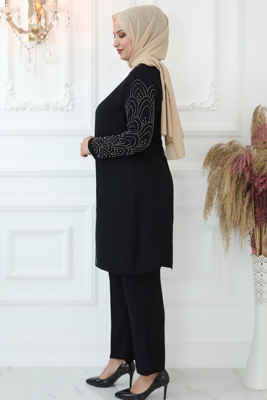 Tesettür giyim SİYAH TAŞ BASKILI PANTOLONLU TAKIM T 0721