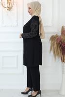 Tesettür giyim SİYAH TAŞ BASKILI PANTOLONLU TAKIM T 0721