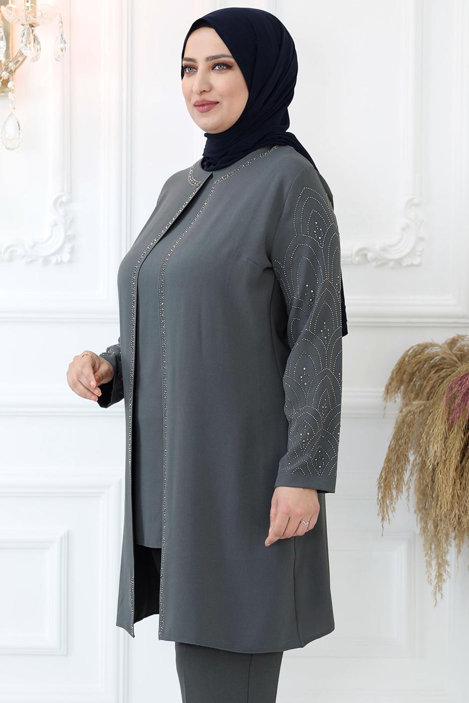 Tesettür giyim GRİ TAŞ BASKILI PANTOLONLU TAKIM T 0721