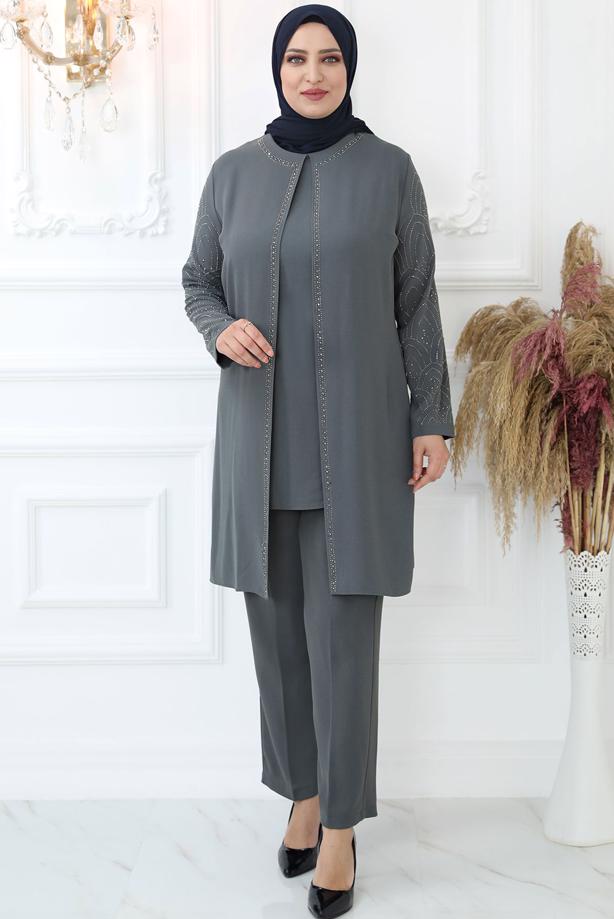Tesettür giyim GRİ TAŞ BASKILI PANTOLONLU TAKIM T 0721 - TRENDTESETTÜR