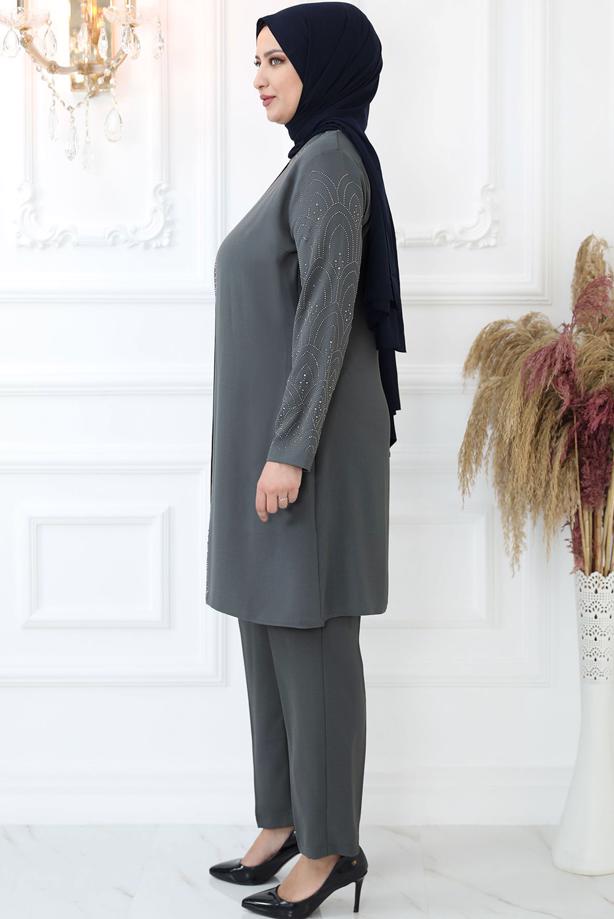Tesettür giyim GRİ TAŞ BASKILI PANTOLONLU TAKIM T 0721 - TRENDTESETTÜR