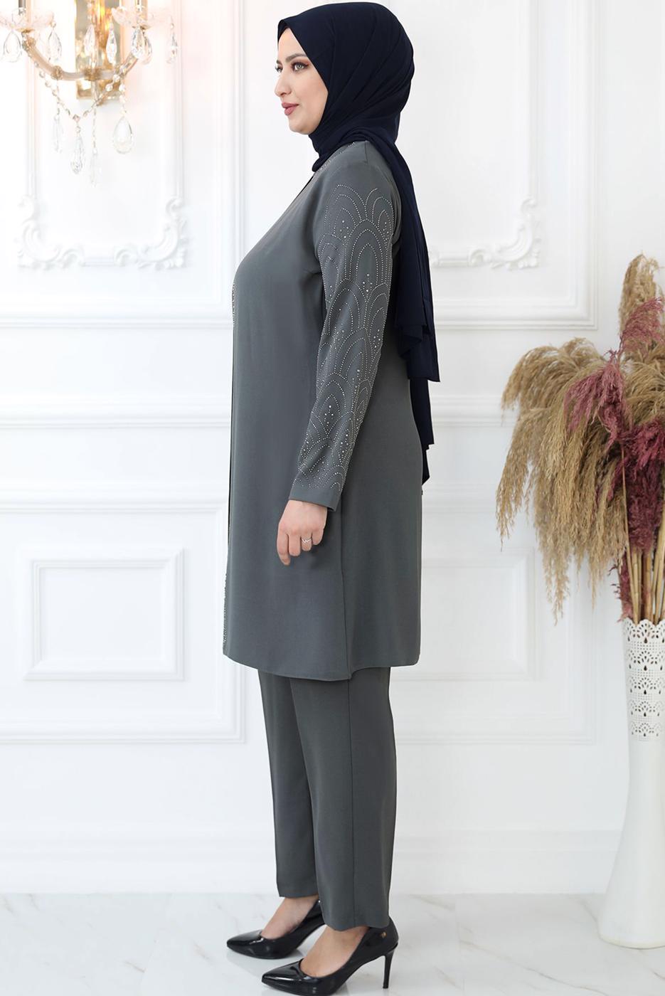 Tesettür giyim GRİ TAŞ BASKILI PANTOLONLU TAKIM T 0721