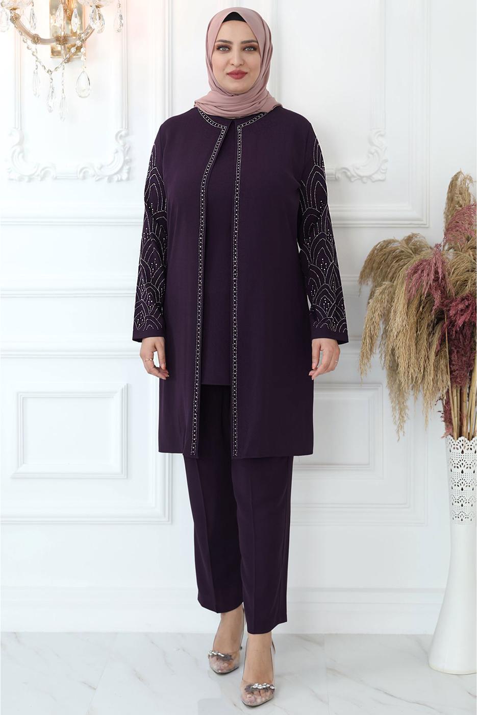 Tesettür giyim MÜRDÜM TAŞ BASKILI PANTOLONLU TAKIM T 0721