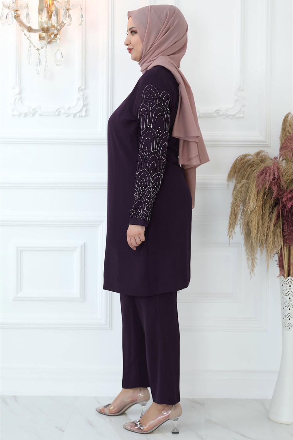 Tesettür giyim MÜRDÜM TAŞ BASKILI PANTOLONLU TAKIM T 0721