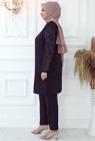 Tesettür giyim MÜRDÜM TAŞ BASKILI PANTOLONLU TAKIM T 0721