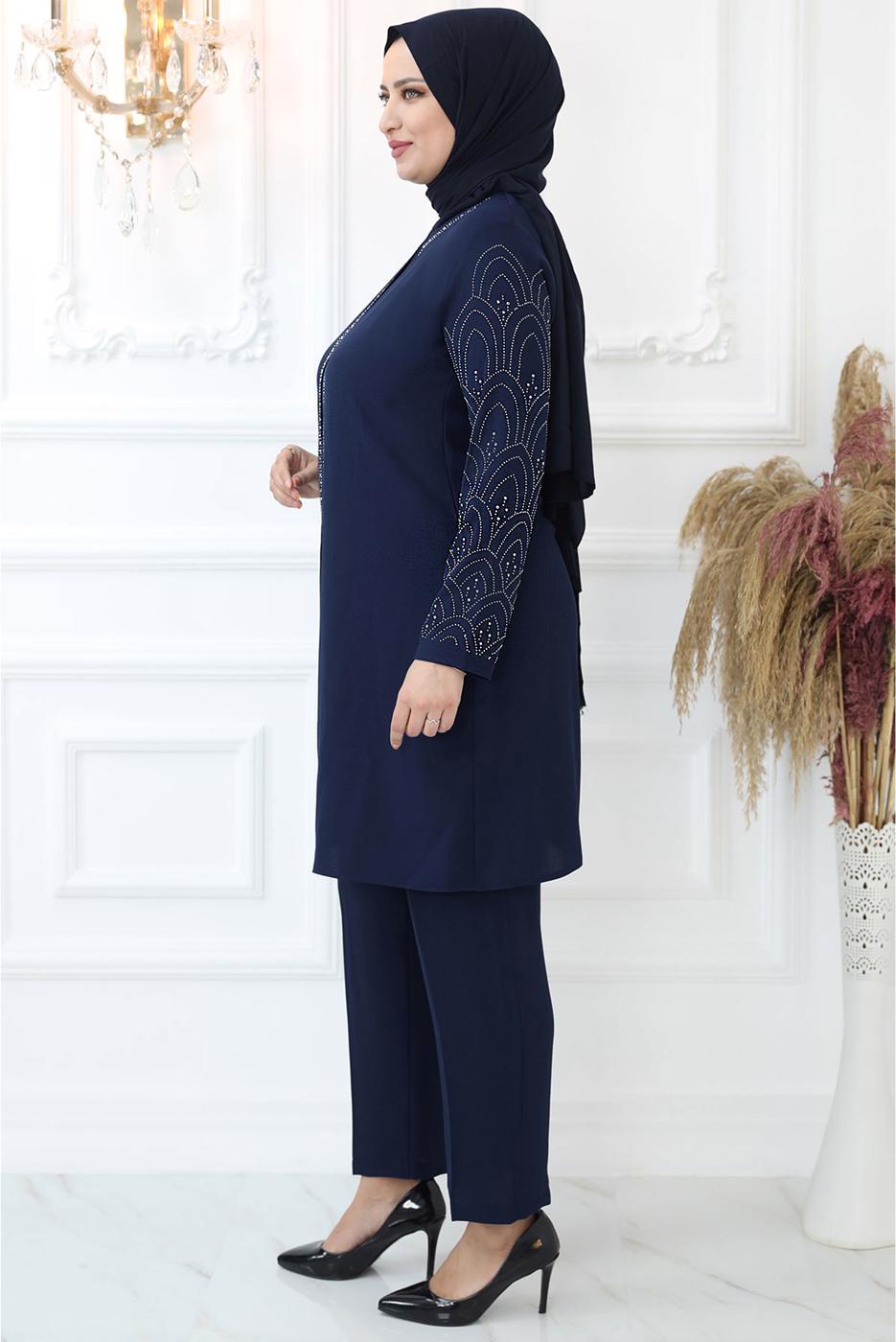 Tesettür giyim LACİVERT TAŞ BASKILI PANTOLONLU TAKIM T 0721