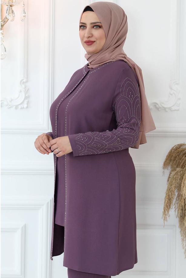 Tesettür giyim MOR TAŞ BASKILI PANTOLONLU TAKIM T 0721 - TRENDTESETTÜR