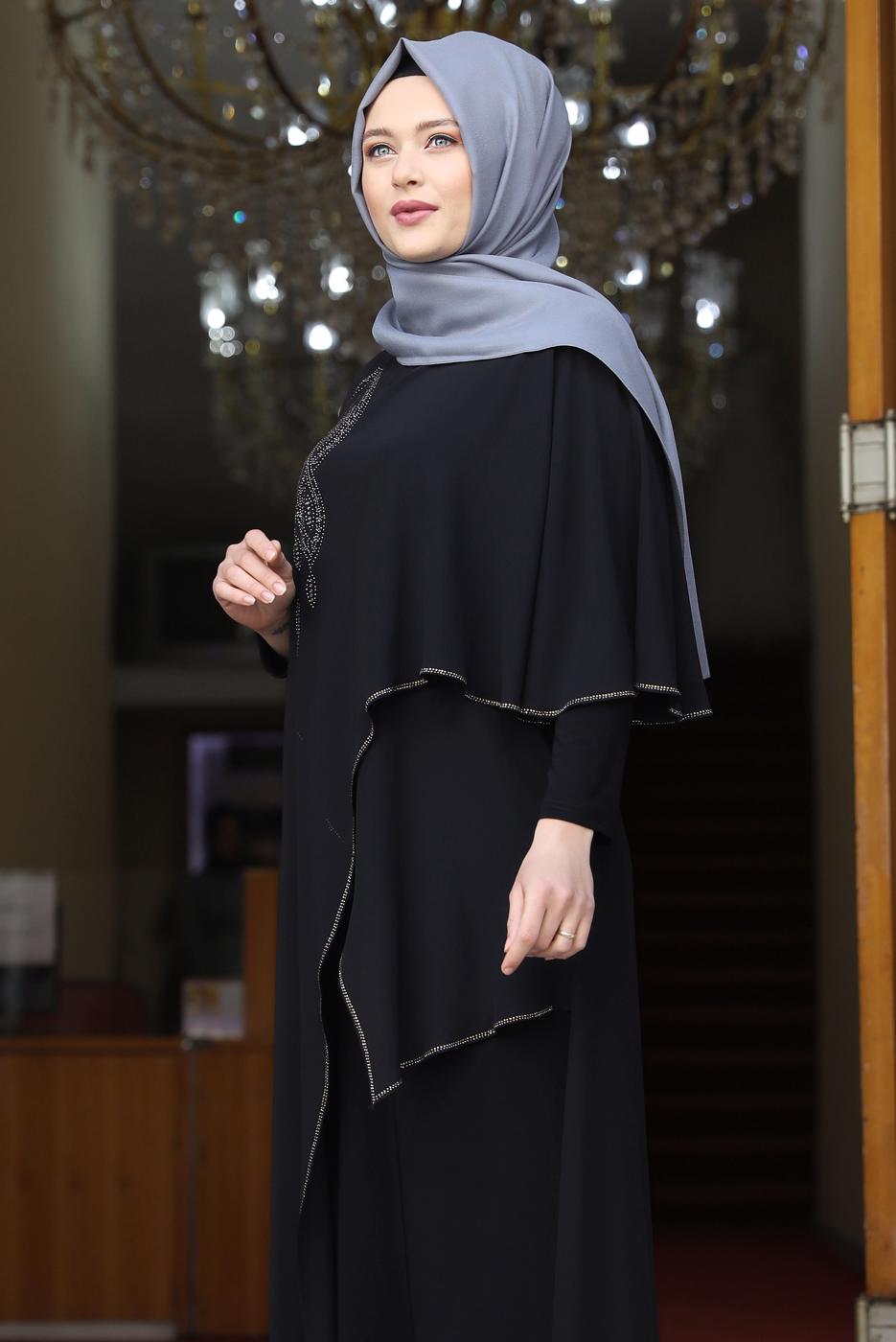 Tesettür giyim SİYAH ASİMETRİK KESİM TAŞLI ABİYE ELBİSE T 1053