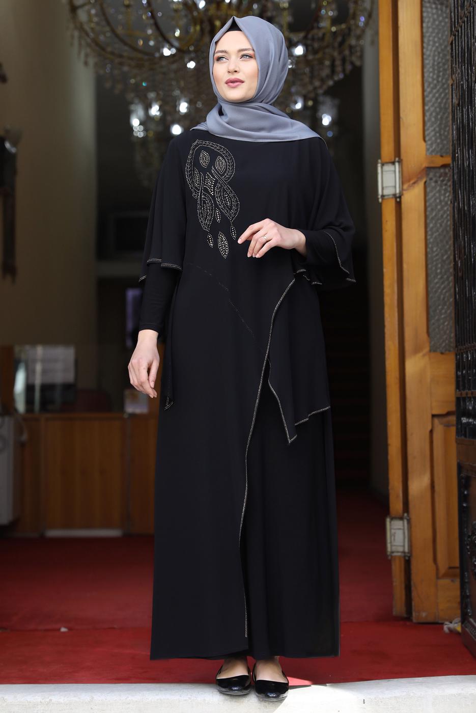Tesettür giyim SİYAH ASİMETRİK KESİM TAŞLI ABİYE ELBİSE T 1053