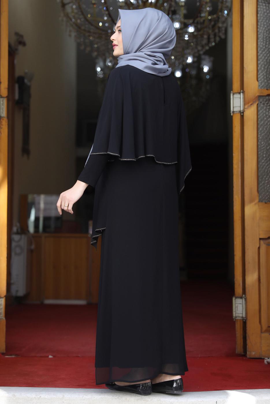 Tesettür giyim SİYAH ASİMETRİK KESİM TAŞLI ABİYE ELBİSE T 1053