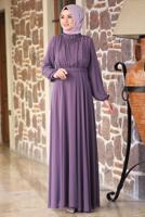 Tesettür giyim MOR KEMERLİ ABİYE ELBİSE T 1253