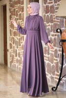 Tesettür giyim MOR KEMERLİ ABİYE ELBİSE T 1253