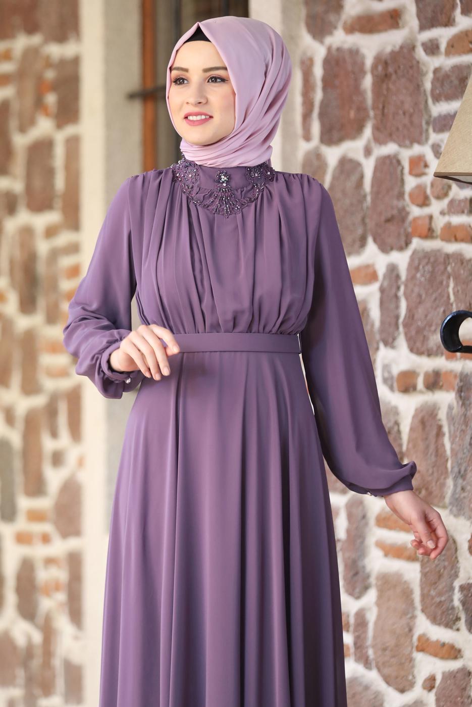 Tesettür giyim MOR KEMERLİ ABİYE ELBİSE T 1253