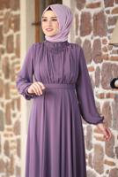 Tesettür giyim MOR KEMERLİ ABİYE ELBİSE T 1253