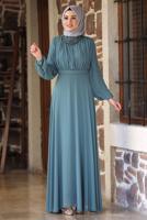 Tesettür giyim YEŞİL KEMERLİ ABİYE ELBİSE T 1253