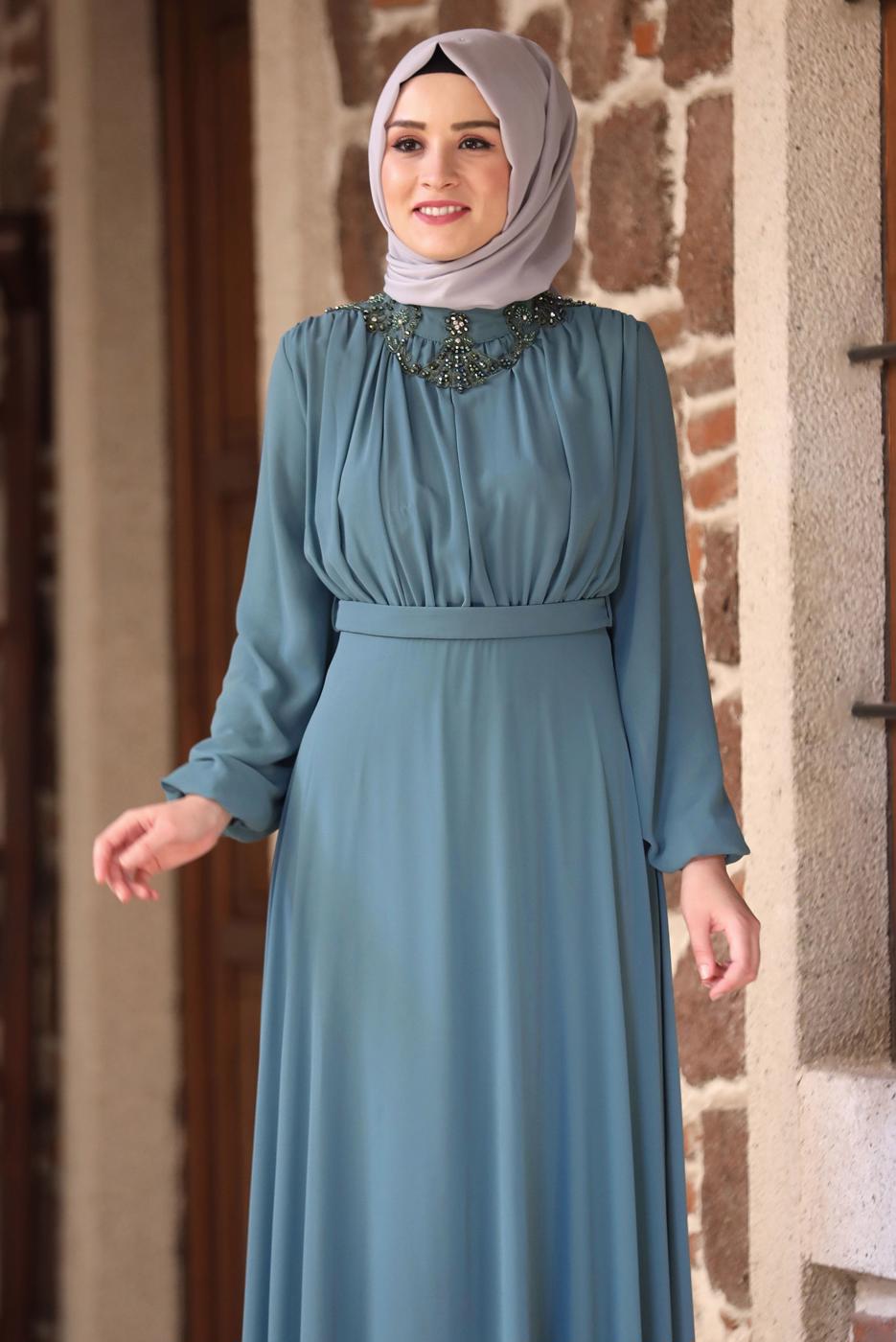 Tesettür giyim YEŞİL KEMERLİ ABİYE ELBİSE T 1253