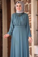 Tesettür giyim YEŞİL KEMERLİ ABİYE ELBİSE T 1253