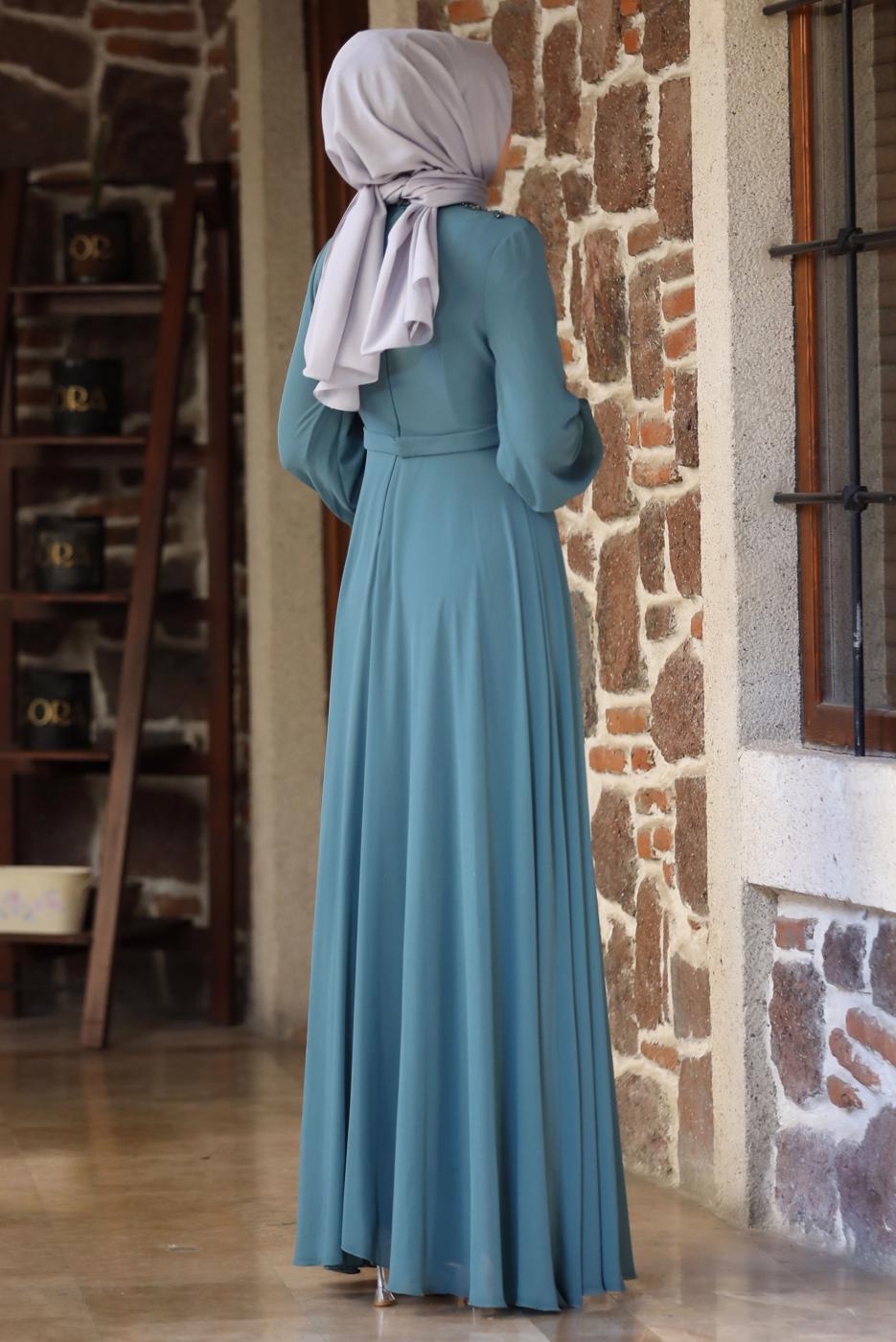 Tesettür giyim YEŞİL KEMERLİ ABİYE ELBİSE T 1253