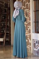 Tesettür giyim YEŞİL KEMERLİ ABİYE ELBİSE T 1253