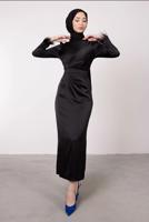 Tesettür giyim SİYAH MANŞETLERİ TÜY DETAYLI ABİYE ELBİSE T 1295