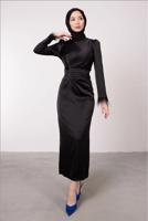 Tesettür giyim SİYAH MANŞETLERİ TÜY DETAYLI ABİYE ELBİSE T 1295