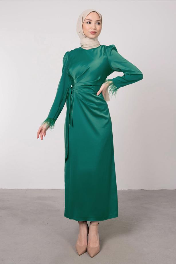 Tesettür giyim  MANŞETLERİ TÜY DETAYLI ABİYE ELBİSE T 1295 - TRENDTESETTÜR