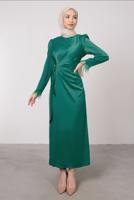 Tesettür giyim YEŞİL MANŞETLERİ TÜY DETAYLI ABİYE ELBİSE T 1295