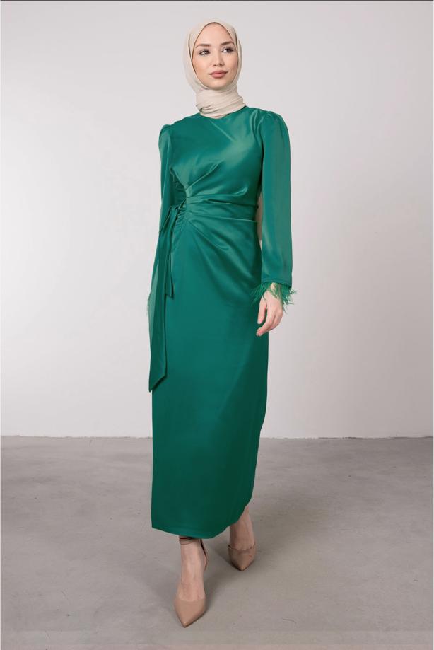Tesettür giyim  MANŞETLERİ TÜY DETAYLI ABİYE ELBİSE T 1295 - TRENDTESETTÜR
