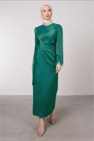 Tesettür giyim YEŞİL MANŞETLERİ TÜY DETAYLI ABİYE ELBİSE T 1295