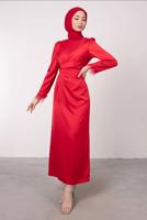 Tesettür giyim KIRMIZI MANŞETLERİ TÜY DETAYLI ABİYE ELBİSE T 1295