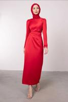 Tesettür giyim KIRMIZI MANŞETLERİ TÜY DETAYLI ABİYE ELBİSE T 1295