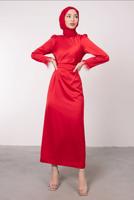 Tesettür giyim KIRMIZI MANŞETLERİ TÜY DETAYLI ABİYE ELBİSE T 1295