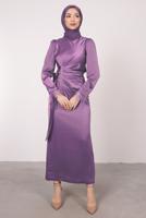 Tesettür giyim MOR MANŞETLERİ TÜY DETAYLI ABİYE ELBİSE T 1295