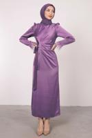 Tesettür giyim MOR MANŞETLERİ TÜY DETAYLI ABİYE ELBİSE T 1295