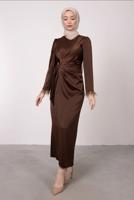 Tesettür giyim KAHVE MANŞETLERİ TÜY DETAYLI ABİYE ELBİSE T 1295