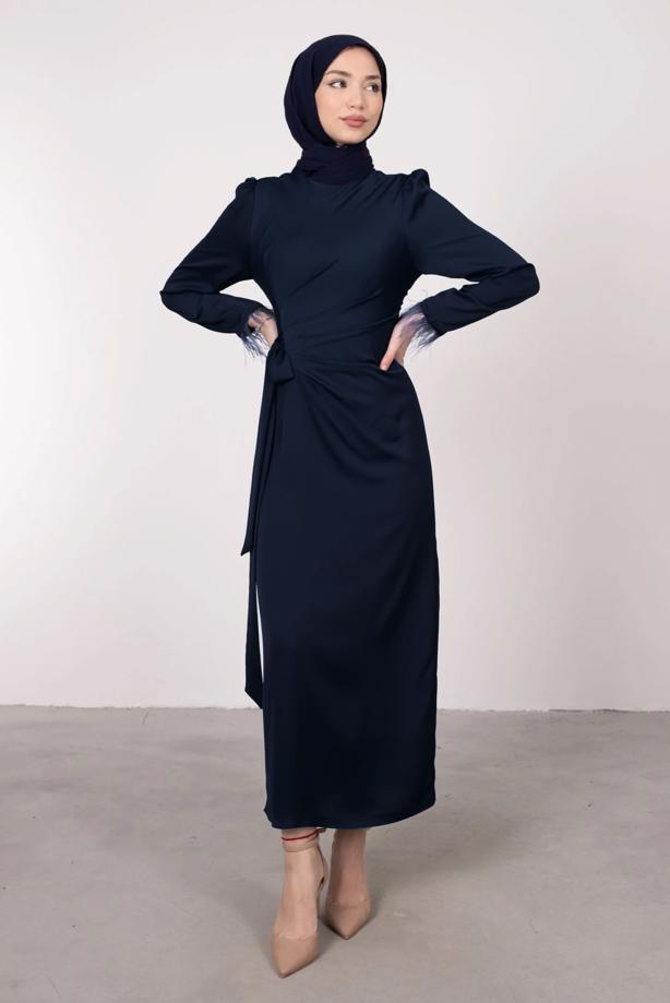 Tesettür giyim  MANŞETLERİ TÜY DETAYLI ABİYE ELBİSE T 1295 - TRENDTESETTÜR
