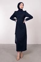 Tesettür giyim LACİVERT MANŞETLERİ TÜY DETAYLI ABİYE ELBİSE T 1295