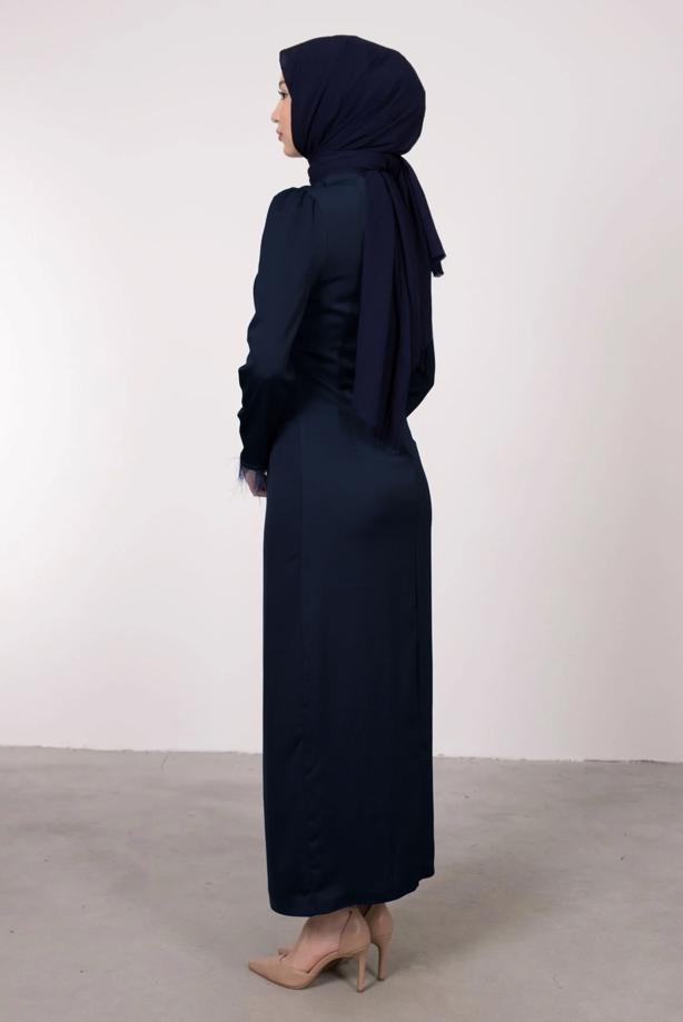 Tesettür giyim  MANŞETLERİ TÜY DETAYLI ABİYE ELBİSE T 1295 - TRENDTESETTÜR