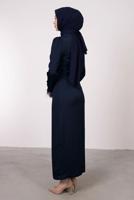 Tesettür giyim LACİVERT MANŞETLERİ TÜY DETAYLI ABİYE ELBİSE T 1295