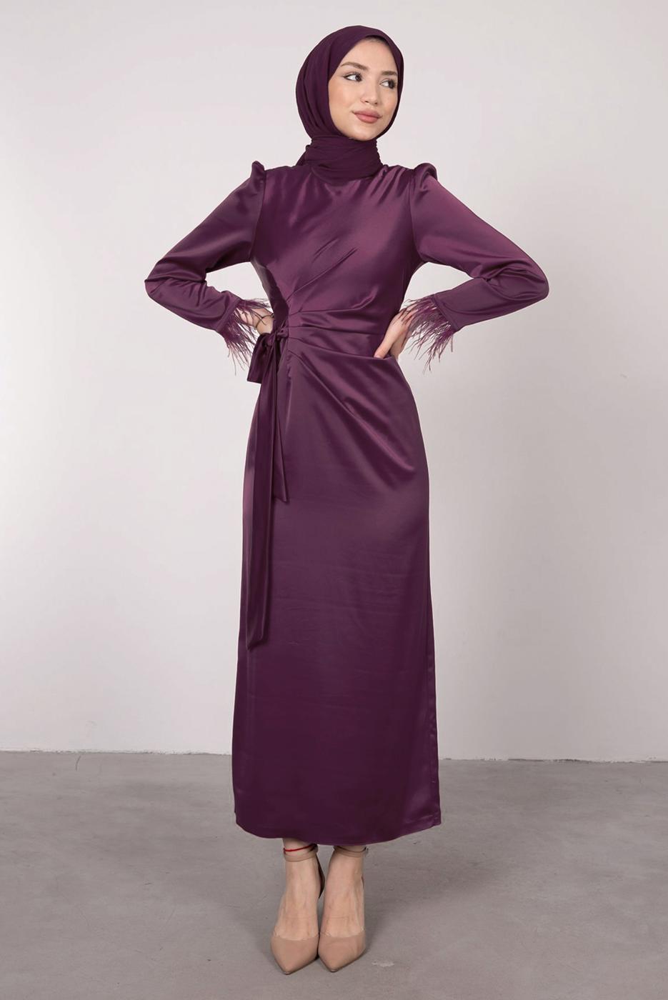 Tesettür giyim MÜRDÜM MANŞETLERİ TÜY DETAYLI ABİYE ELBİSE T 1295