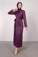 Tesettür giyim MÜRDÜM MANŞETLERİ TÜY DETAYLI ABİYE ELBİSE T 1295